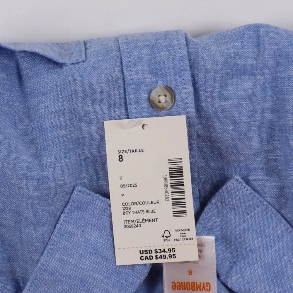 Gymboree Boys Button Down Shirt Blue Solid Size 8 Linen Blend NWT